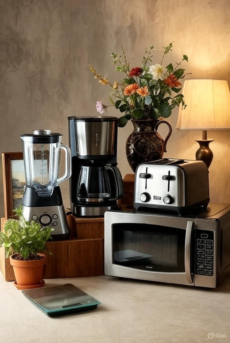 Assorted stainless steel kitchen appliances, including a blender, coffee maker, toaster, microwave, and digital kitchen scale, arranged on a countertop with decorative flowers, a lamp, and a potted plant.