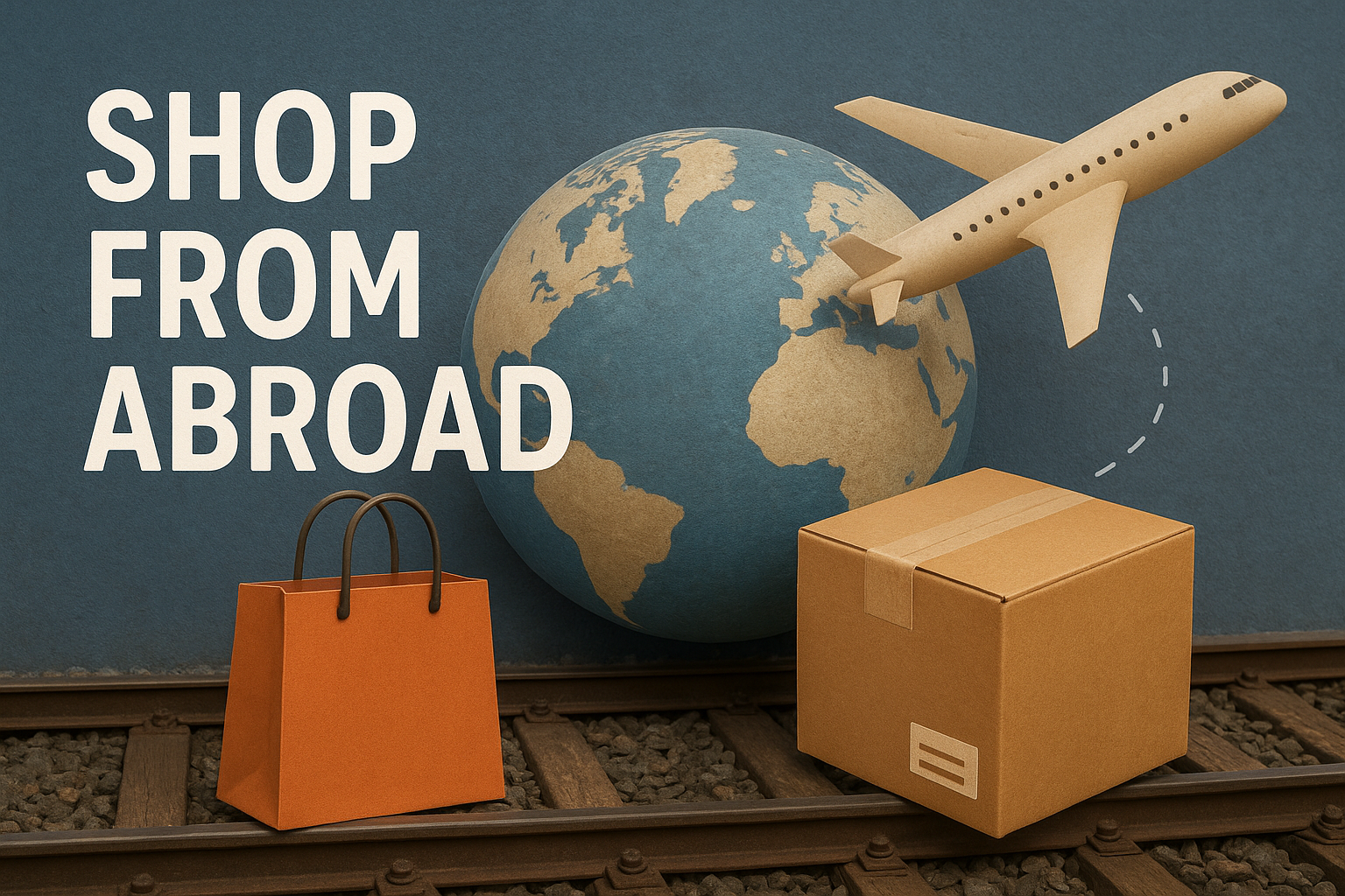 Shop From Abroad banner showing cargo box, railway tracks, shopping bag, globe, and cargo plane representing international shipping and overseas delivery.