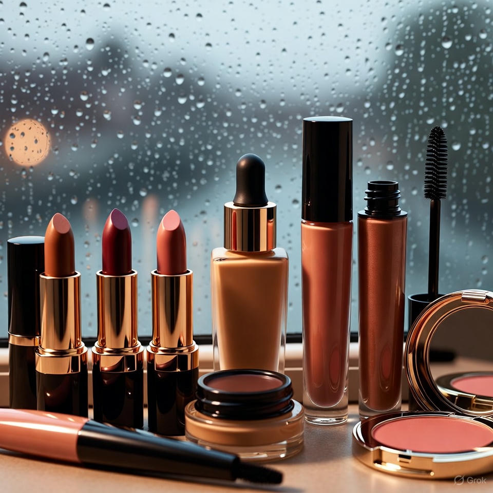Luxurious makeup collection: matte lipsticks in chocolate brown, nude & berry, liquid foundation, mascara, blush against rainy window.
