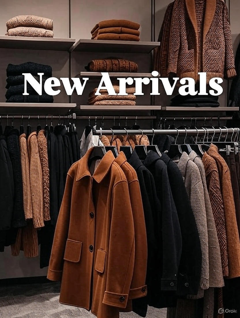 Clothing store display featuring new arrivals with neatly arranged coats and sweaters in neutral tones on racks and shelves.