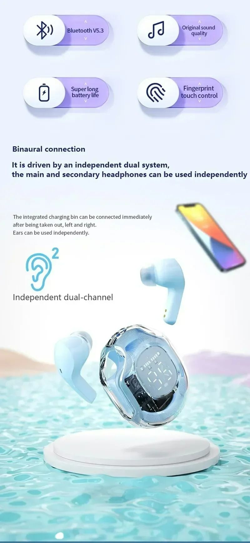 Air39 Transparent TWS Bluetooth Earbuds with 7LED Display HiFi Sound