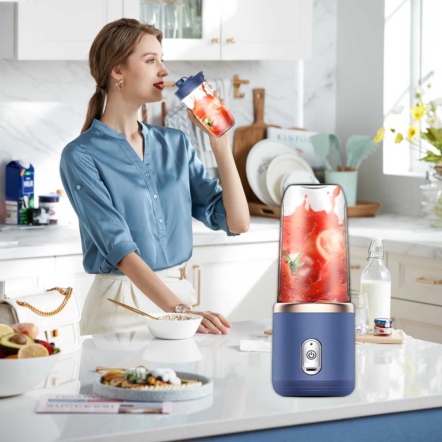 UPHUI Portable USB Rechargeable Blender: 6-Blade Mini Juicer for Shakes & Smoothies