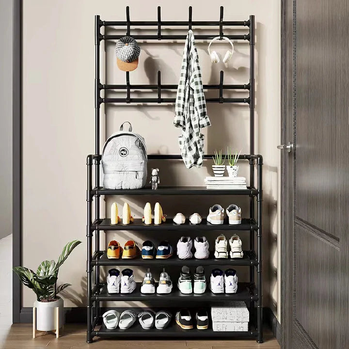Space-Saving 5-Layer Freestanding Shoe Rack, Coat & Hat Hanger, Integrated Storage Organizer