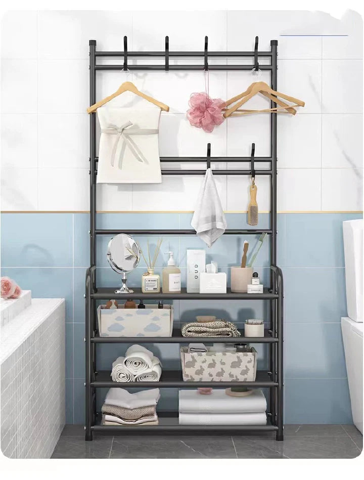 Space-Saving 5-Layer Freestanding Shoe Rack, Coat & Hat Hanger, Integrated Storage Organizer