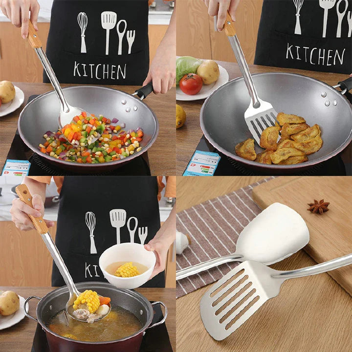 Premium Stainless Steel Kitchen Utensil Set - Wok Spatula, Ladle, Whisk, Sponge