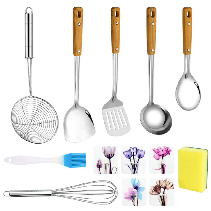 Premium Stainless Steel Kitchen Utensil Set - Wok Spatula, Ladle, Whisk, Sponge