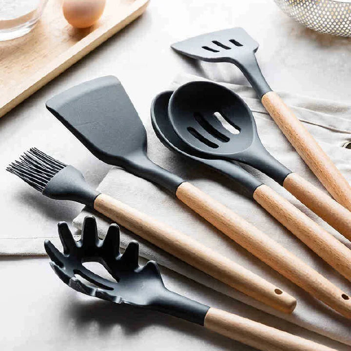 Premium 12-Piece Silicone & Wood Handle Kitchen Utensil Set for Non-stick Cookware