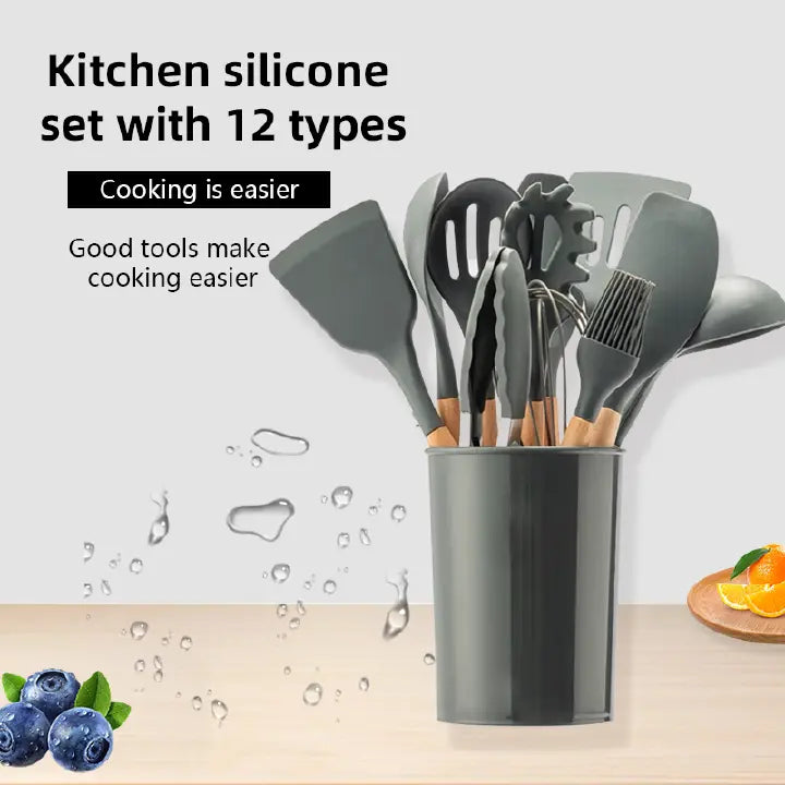 Premium 12-Piece Silicone & Wood Handle Kitchen Utensil Set for Non-stick Cookware