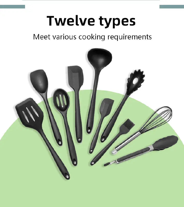 Premium 12-Piece Silicone & Wood Handle Kitchen Utensil Set for Non-stick Cookware