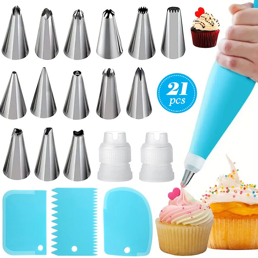 20-Piece DIY Cake Decorating Kit: Icing Piping Nozzles, Pastry Bags, Cupcake Tips