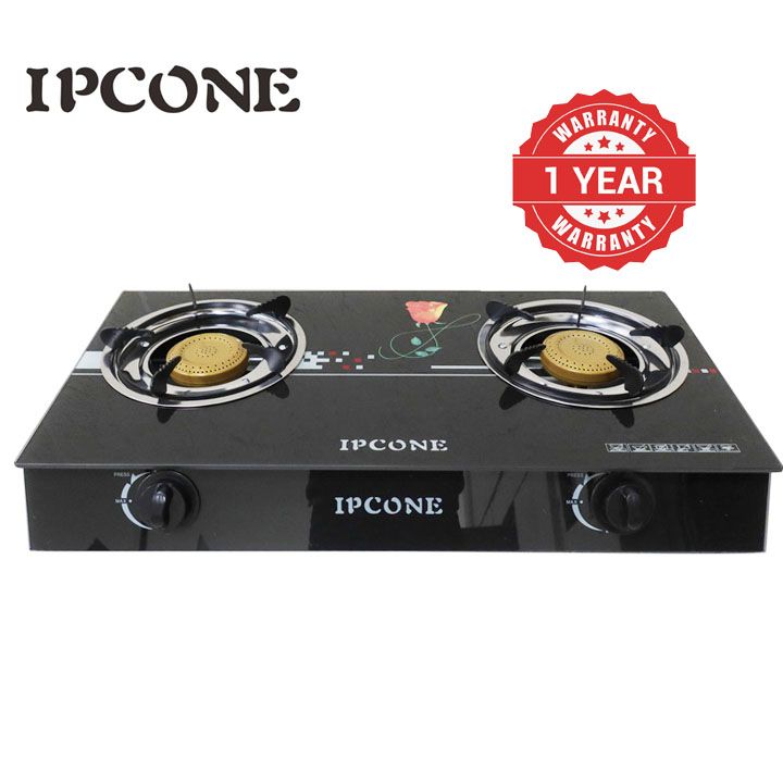 IPCONE 02 Glass Top Double Burner Gas Cooker - Stainless Steel Floral Design