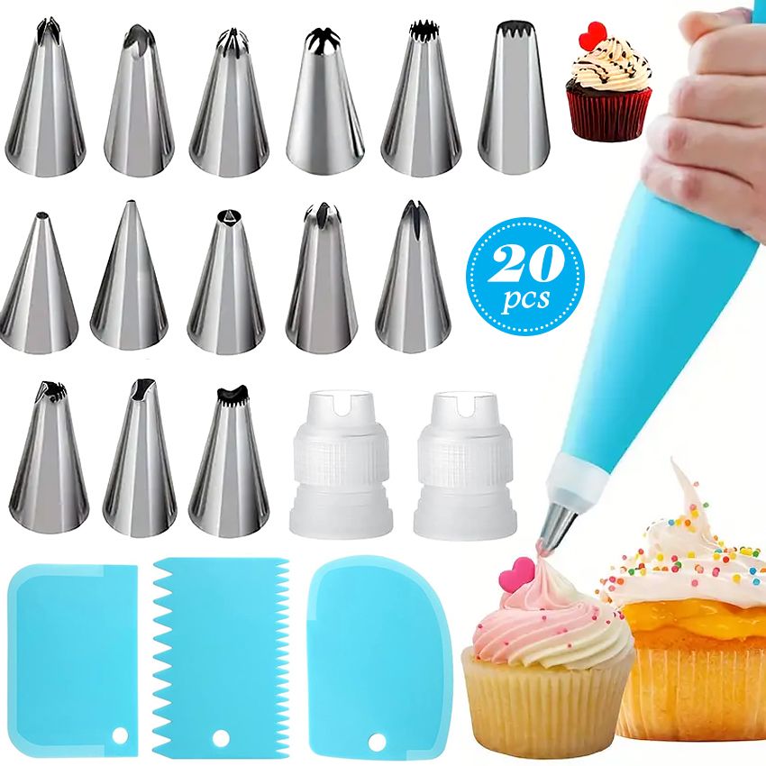 20-Piece DIY Cake Decorating Kit: Icing Piping Nozzles, Pastry Bags, Cupcake Tips
