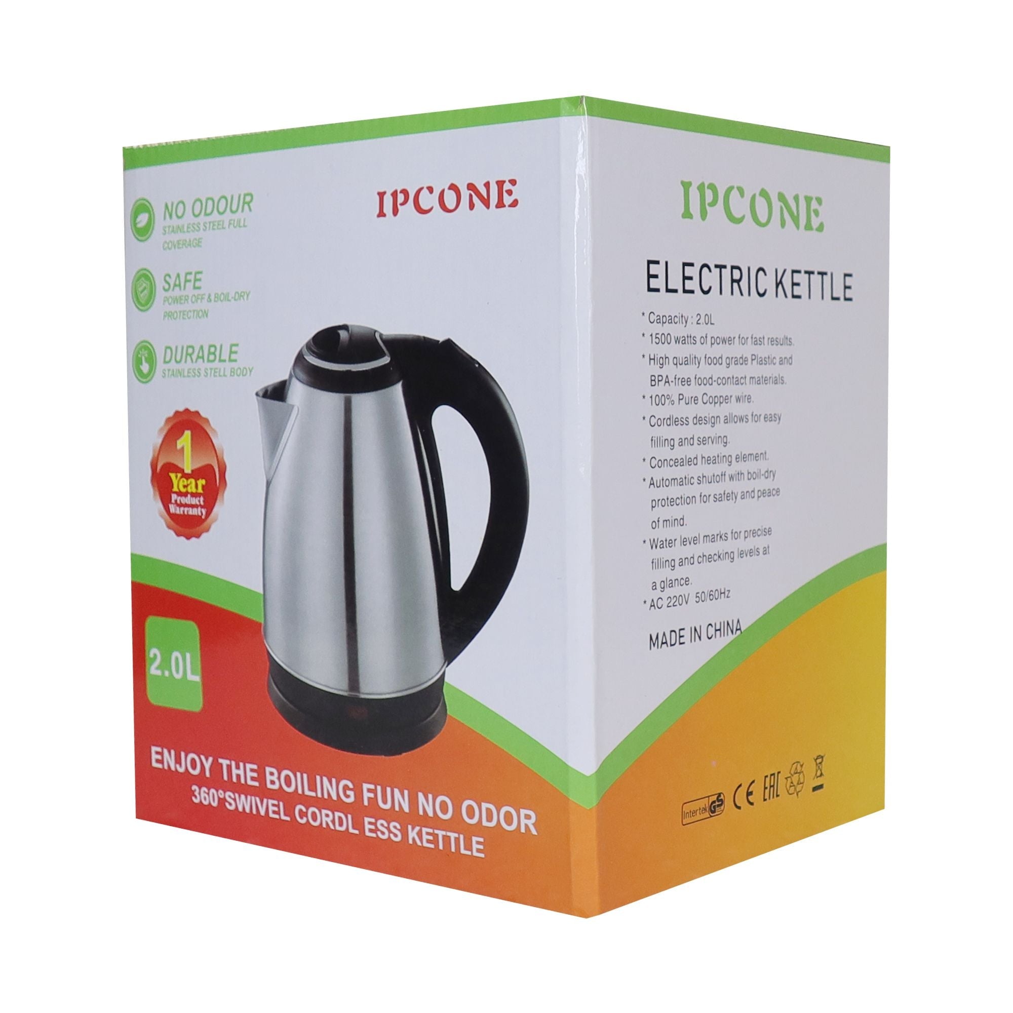 IPCONE 2L 1500W Stainless Steel Cordless Electric Kettle for Fast Boiling Water