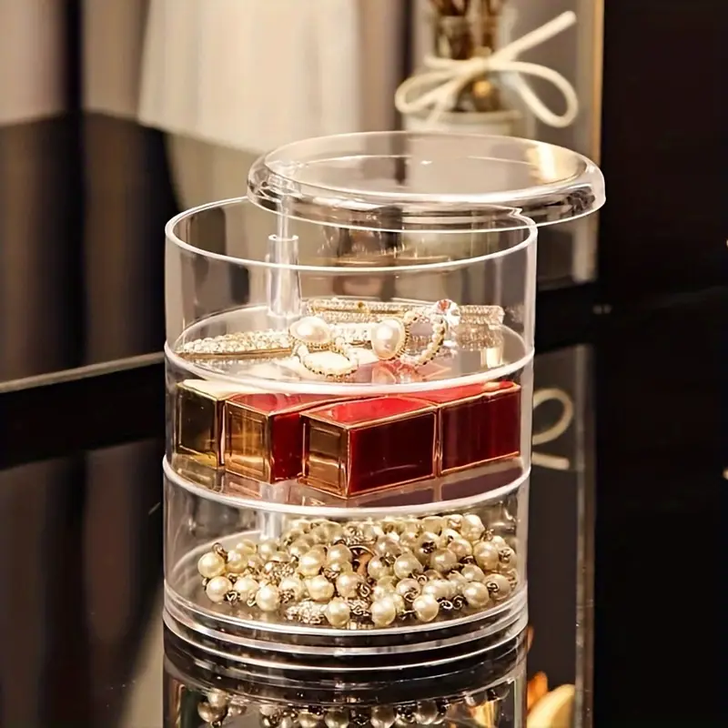 Elegant 3-Tier Rotating Jewelry Organizer Box, Clear Plastic 360° Swivel Display
