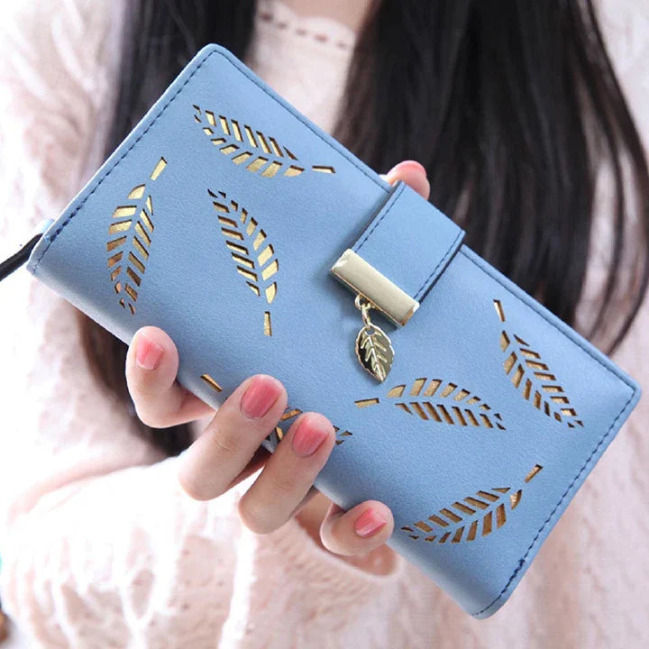 Elegant PU Leather Women's Long Wallet with Gold Hollow Leaf Design