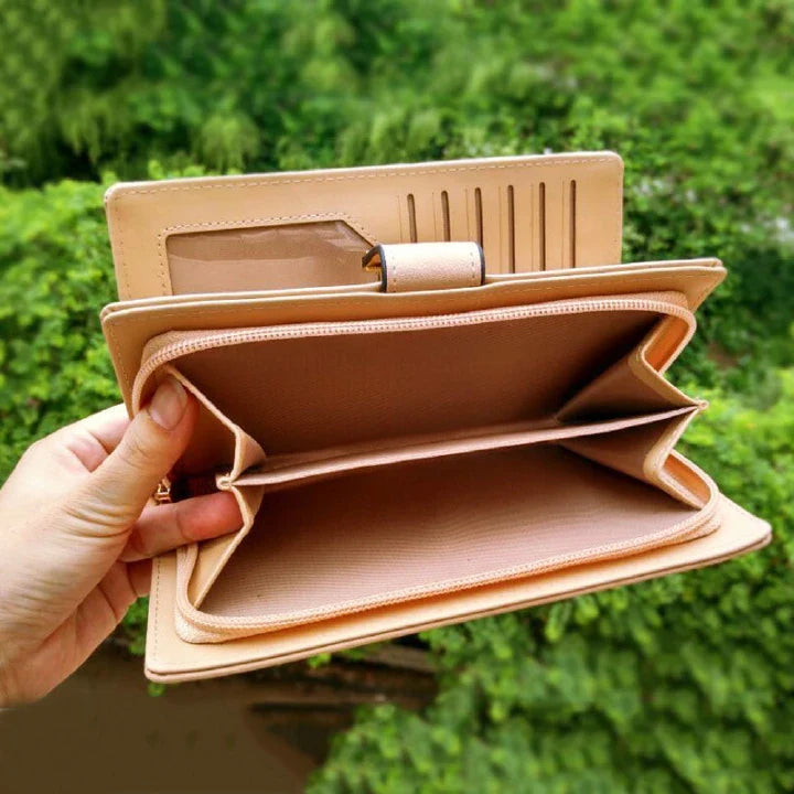 Elegant PU Leather Women's Long Wallet with Gold Hollow Leaf Design