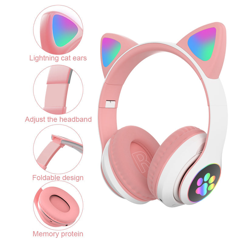 Vedo Flash Lamp Cute Cat Ears Bluetooth 5.0 Wireless Kids Headphones with Mic