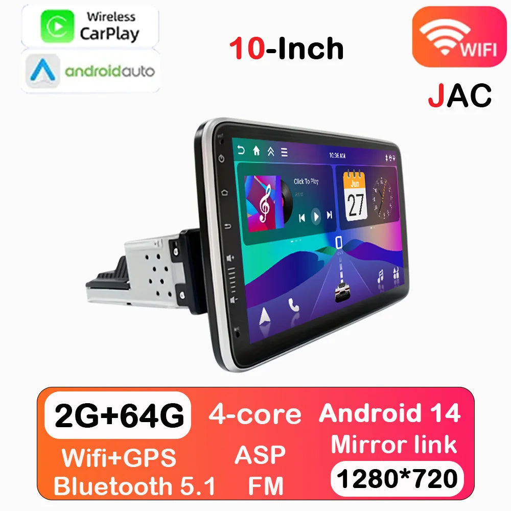 1DIN Android 14 9/10-inch Car Stereo Radio with Rotating Touchscreen, with Universal CarPlay GPS Navigation Bluetooth WiFi Auto