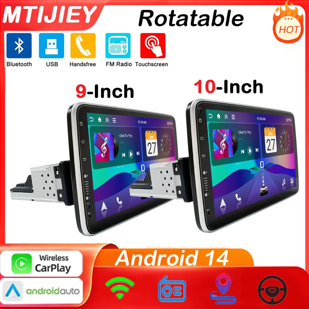 1DIN Android 14 9/10-inch Car Stereo Radio with Rotating Touchscreen, with Universal CarPlay GPS Navigation Bluetooth WiFi Auto