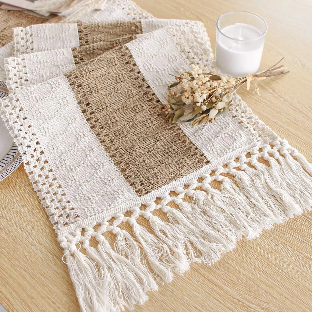 Table Runner for Summer Home Decor with Tassels Long Farmhouse Rustic Table Runner Cream & Brown Macrame Burlap Table
