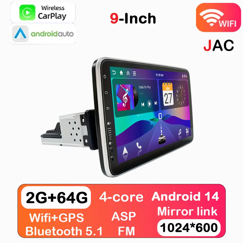 1DIN Android 14 9/10-inch Car Stereo Radio with Rotating Touchscreen, with Universal CarPlay GPS Navigation Bluetooth WiFi Auto