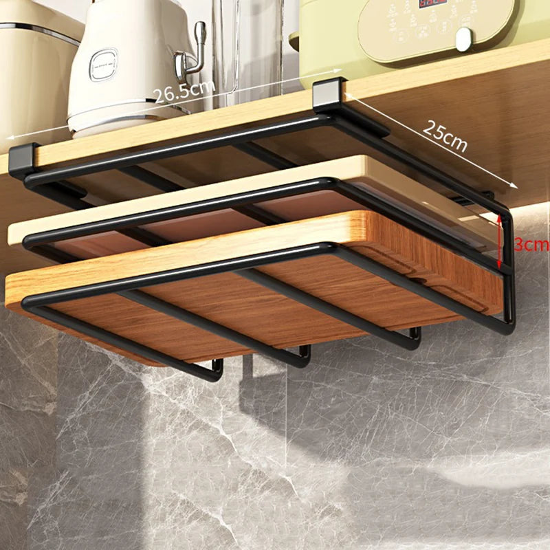 Kitchen Hanging Organizer Rack with Hooks Under Cupboard Paper Towel Rags Hanger Cutting Board Pot Cover Holder Storage Shelf