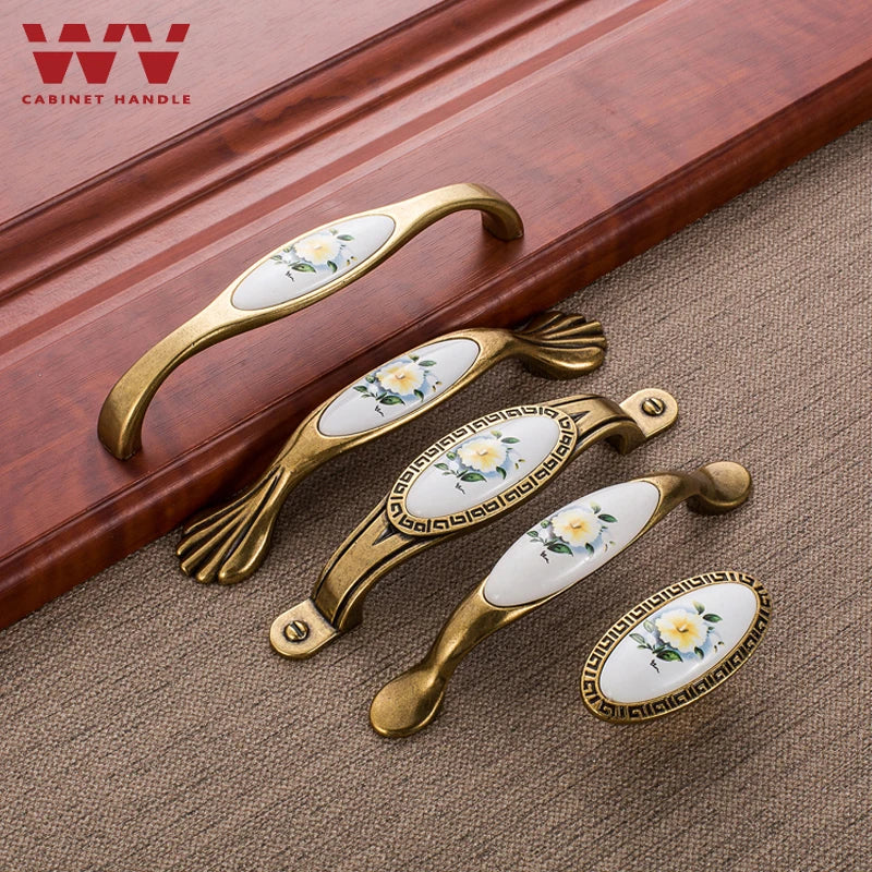 WV Green Flower Ceramic Handles Kitchen Cabinet Storage Dressers European Classic Wardrobe Cabinet Single Hole Closet Door Pulls