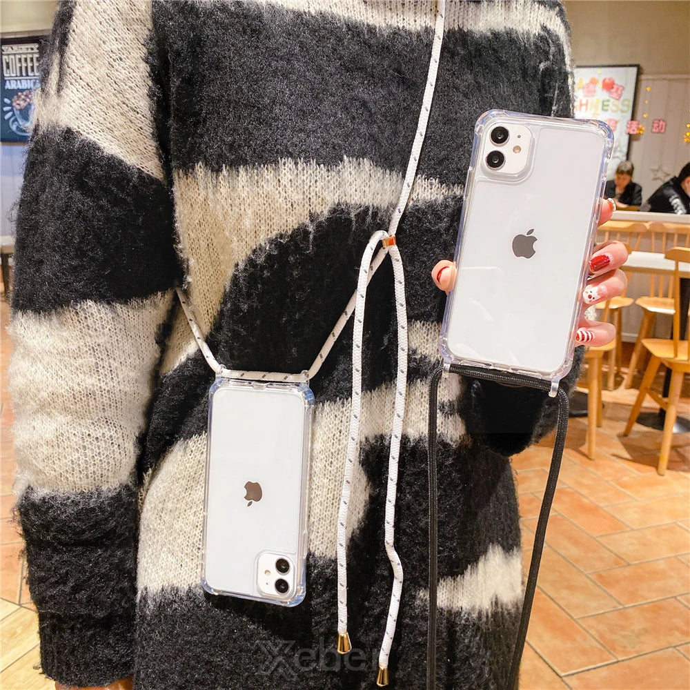 Lanyard Strap Crossbody Cord Rope Clear Case For iPhone 17 16 15 14 13 Pro Max 12 11 XR Mini 7 8 Plus Shockproof Acrylic Cover
