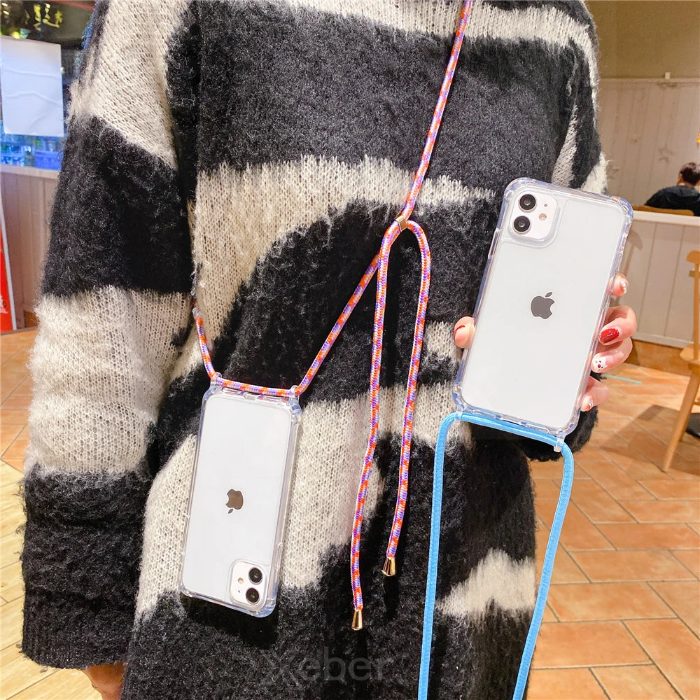 Lanyard Strap Crossbody Cord Rope Clear Case For iPhone 17 16 15 14 13 Pro Max 12 11 XR Mini 7 8 Plus Shockproof Acrylic Cover