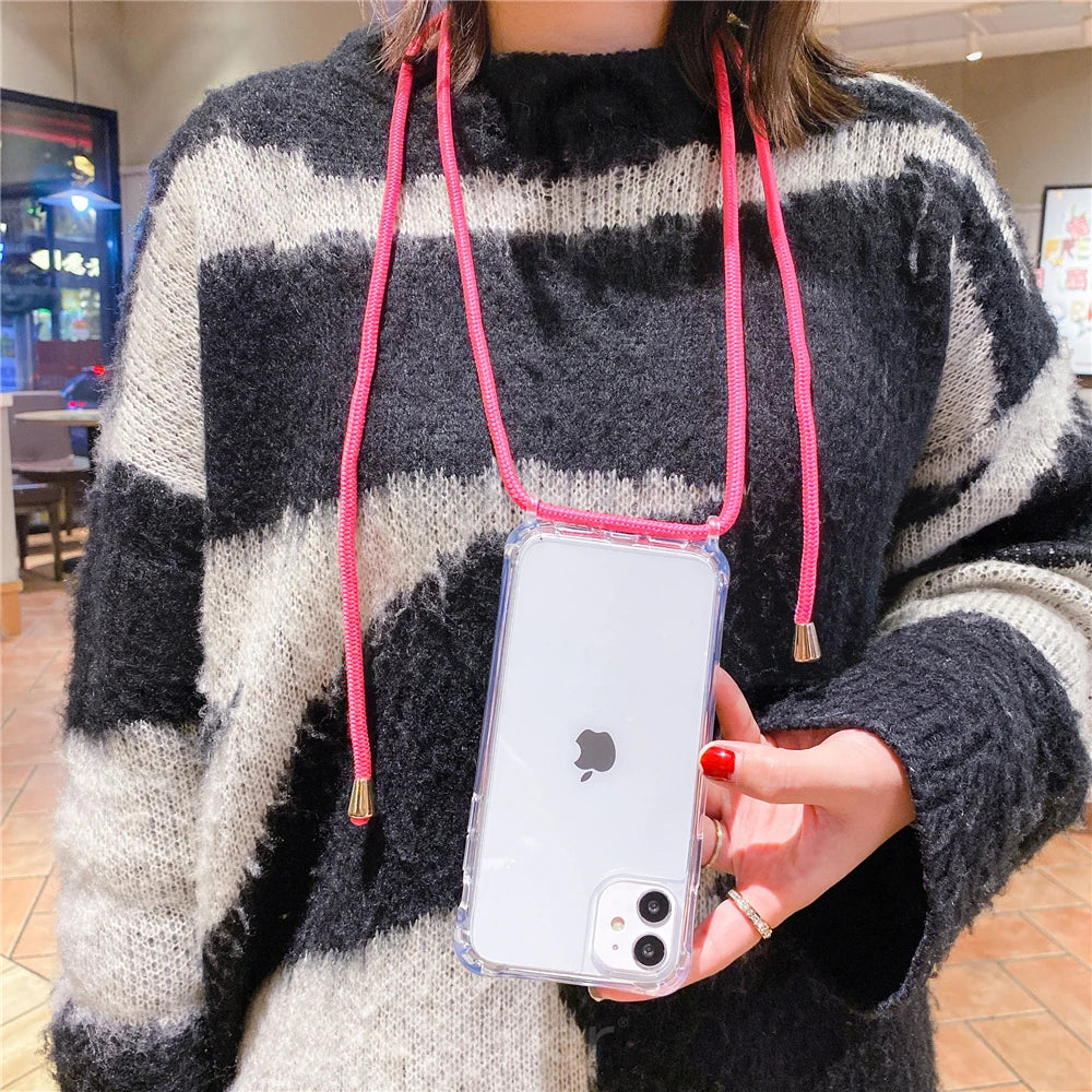 Lanyard Strap Crossbody Cord Rope Clear Case For iPhone 17 16 15 14 13 Pro Max 12 11 XR Mini 7 8 Plus Shockproof Acrylic Cover