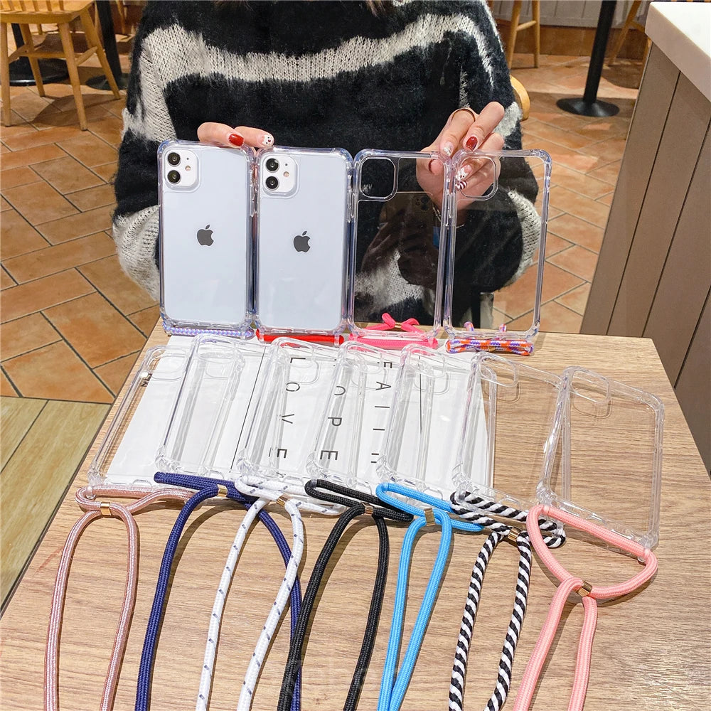 Lanyard Strap Crossbody Cord Rope Clear Case For iPhone 17 16 15 14 13 Pro Max 12 11 XR Mini 7 8 Plus Shockproof Acrylic Cover