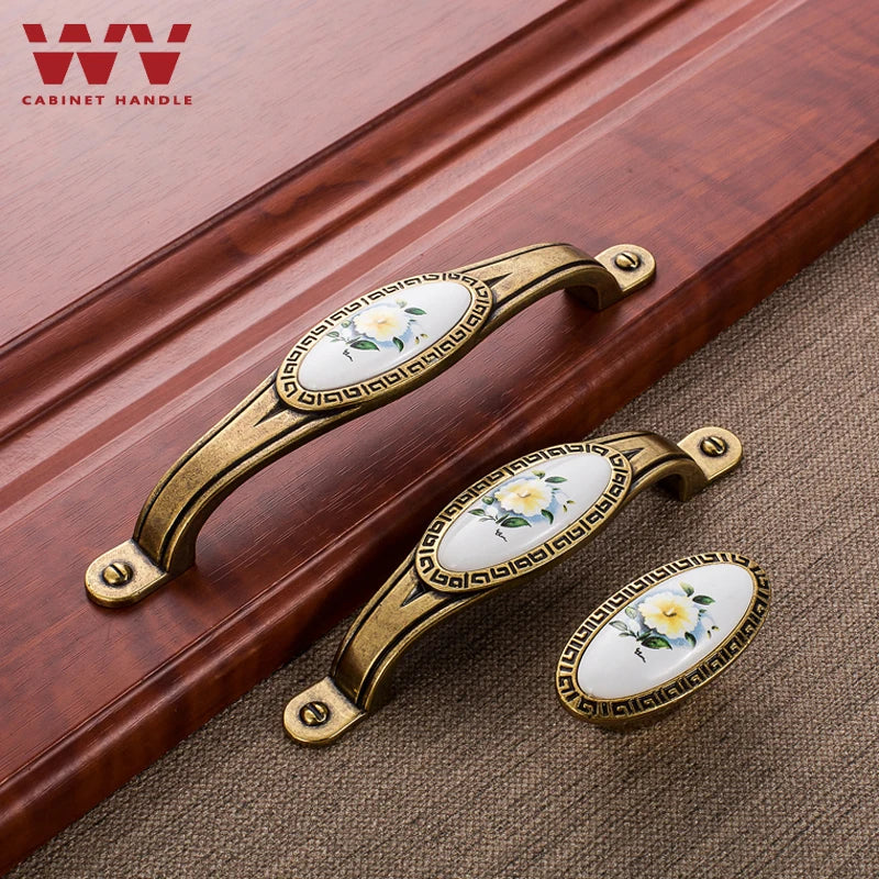 WV Green Flower Ceramic Handles Kitchen Cabinet Storage Dressers European Classic Wardrobe Cabinet Single Hole Closet Door Pulls