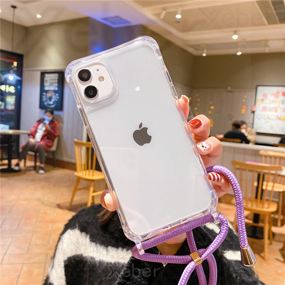 Lanyard Strap Crossbody Cord Rope Clear Case For iPhone 17 16 15 14 13 Pro Max 12 11 XR Mini 7 8 Plus Shockproof Acrylic Cover
