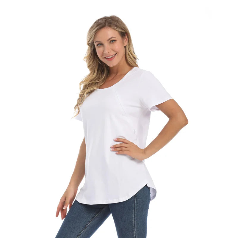 Emotion Moms New Women Maternel T-Shirt Short Sleeve Stretch Cotton Tops Zipper Breastfeeding Loose Pregnant Clothes Big Size