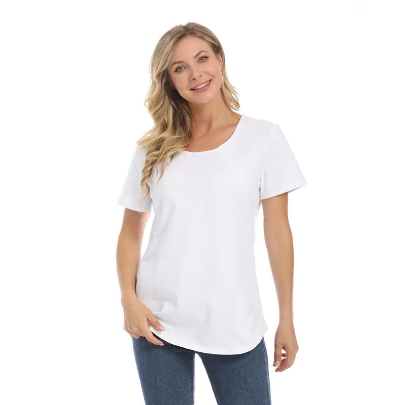 Emotion Moms New Women Maternel T-Shirt Short Sleeve Stretch Cotton Tops Zipper Breastfeeding Loose Pregnant Clothes Big Size