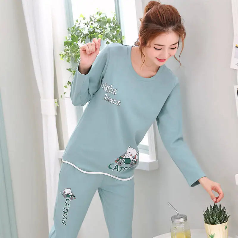 Autumn Thin 2pieces Pyjamas Set Women 2025 Round Neck Girls Bear Pajamas Sets Teacup Cat Full Sleepwear Tops lovers Pajama Mujer