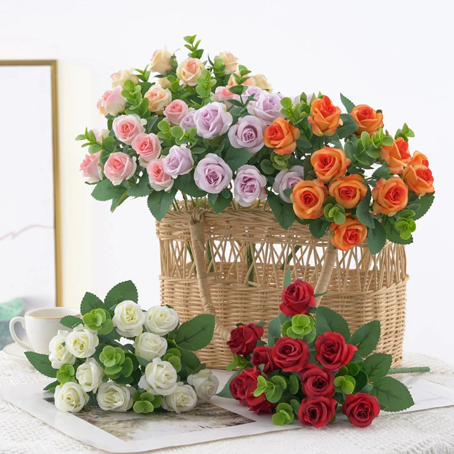 Artificial Flowers Vase For Home Decor Outdoor Garden Valentine Eucalyptus Leaves Fake Plants Wedding Party Silk Roses Bouquet