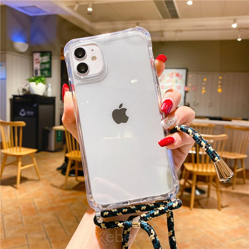 Lanyard Strap Crossbody Cord Rope Clear Case For iPhone 17 16 15 14 13 Pro Max 12 11 XR Mini 7 8 Plus Shockproof Acrylic Cover