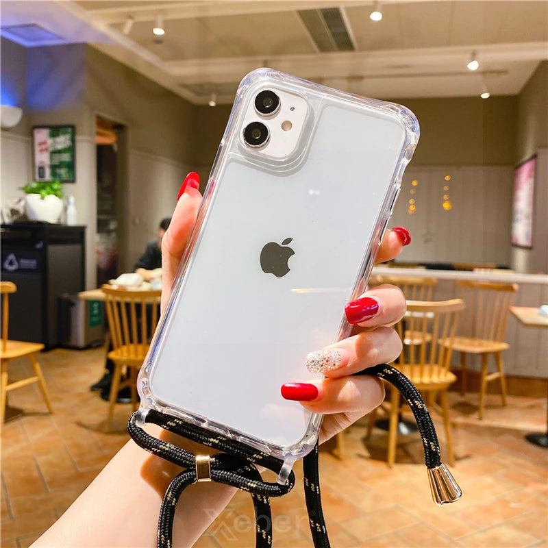 Lanyard Strap Crossbody Cord Rope Clear Case For iPhone 17 16 15 14 13 Pro Max 12 11 XR Mini 7 8 Plus Shockproof Acrylic Cover