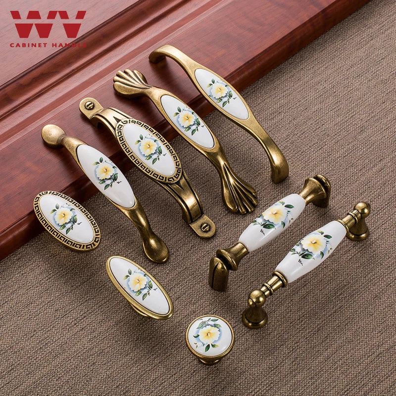 WV Green Flower Ceramic Handles Kitchen Cabinet Storage Dressers European Classic Wardrobe Cabinet Single Hole Closet Door Pulls