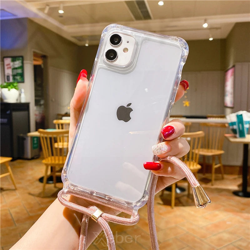 Lanyard Strap Crossbody Cord Rope Clear Case For iPhone 17 16 15 14 13 Pro Max 12 11 XR Mini 7 8 Plus Shockproof Acrylic Cover