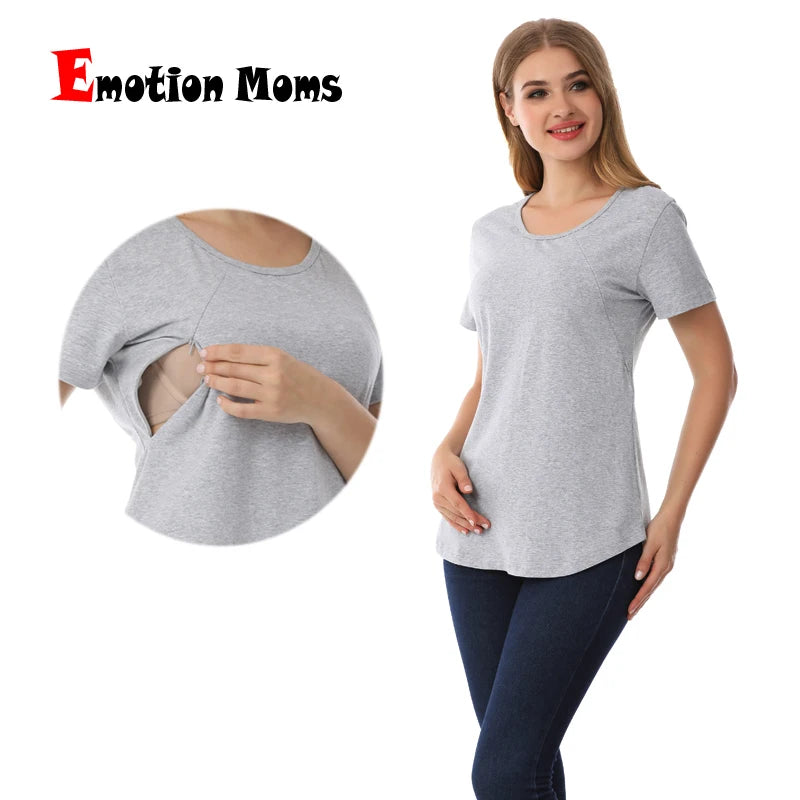 Emotion Moms New Women Maternel T-Shirt Short Sleeve Stretch Cotton Tops Zipper Breastfeeding Loose Pregnant Clothes Big Size