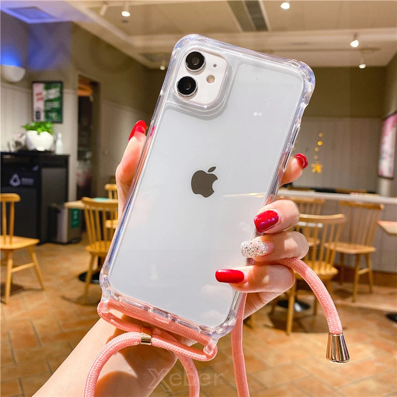 Lanyard Strap Crossbody Cord Rope Clear Case For iPhone 17 16 15 14 13 Pro Max 12 11 XR Mini 7 8 Plus Shockproof Acrylic Cover