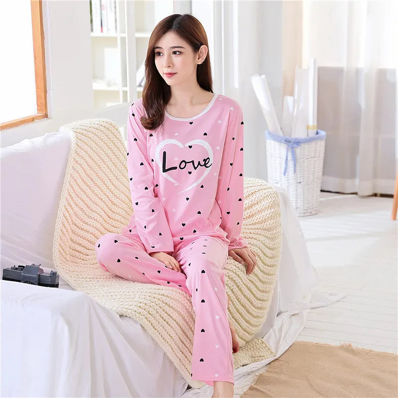 Autumn Thin 2pieces Pyjamas Set Women 2025 Round Neck Girls Bear Pajamas Sets Teacup Cat Full Sleepwear Tops lovers Pajama Mujer