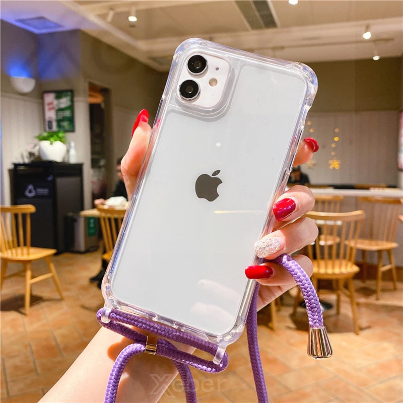 Lanyard Strap Crossbody Cord Rope Clear Case For iPhone 17 16 15 14 13 Pro Max 12 11 XR Mini 7 8 Plus Shockproof Acrylic Cover