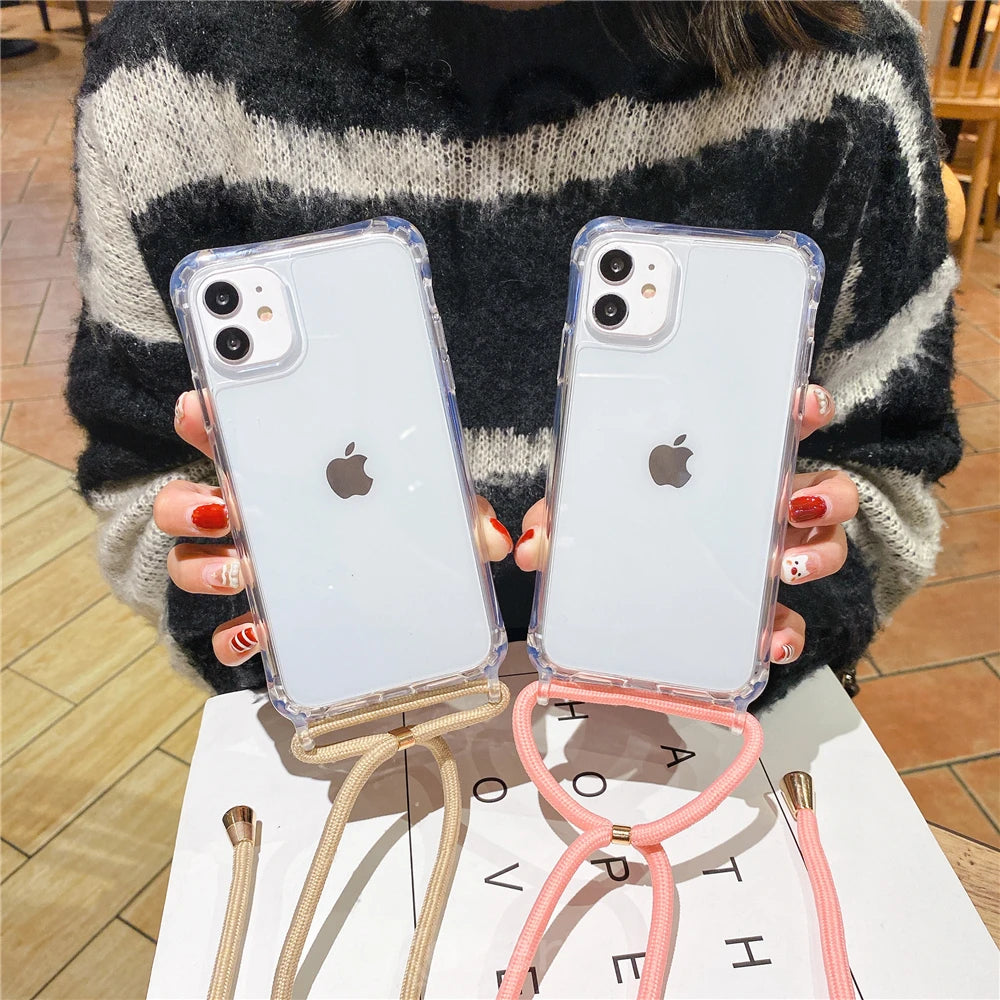 Lanyard Strap Crossbody Cord Rope Clear Case For iPhone 17 16 15 14 13 Pro Max 12 11 XR Mini 7 8 Plus Shockproof Acrylic Cover