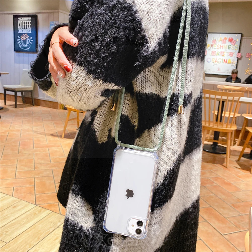 Lanyard Strap Crossbody Cord Rope Clear Case For iPhone 17 16 15 14 13 Pro Max 12 11 XR Mini 7 8 Plus Shockproof Acrylic Cover