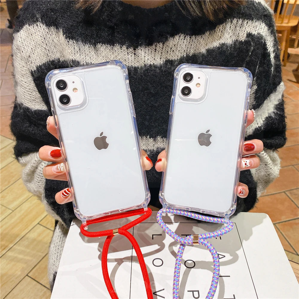 Lanyard Strap Crossbody Cord Rope Clear Case For iPhone 17 16 15 14 13 Pro Max 12 11 XR Mini 7 8 Plus Shockproof Acrylic Cover