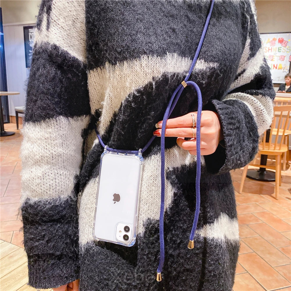 Lanyard Strap Crossbody Cord Rope Clear Case For iPhone 17 16 15 14 13 Pro Max 12 11 XR Mini 7 8 Plus Shockproof Acrylic Cover