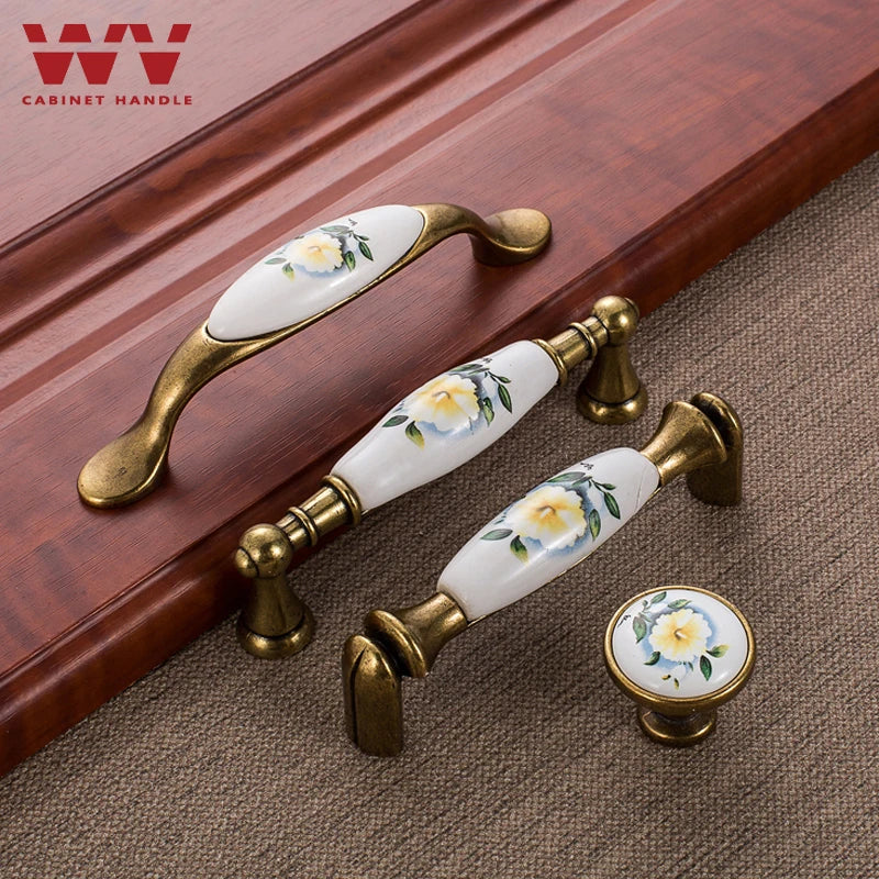 WV Green Flower Ceramic Handles Kitchen Cabinet Storage Dressers European Classic Wardrobe Cabinet Single Hole Closet Door Pulls